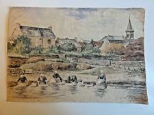 DESSIN AQUARELLE LAVANDIERES BRETONNES SIGNE DATE 1916 SITUE A DAMGAN BRETAGNE