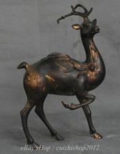 10" Old China Bronze Gilt Feng Shui Longevity Deer Peach Luck Statue Sculpture