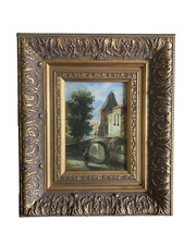 PERSONNAGE PRÈS D'UN PONT - TABLEAU ORIGINAL - PEINTURE À L'HUILE SUR PANNEAU