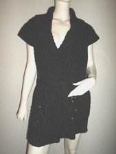 LONG CHAUD DOUX GILET FEMME CASSIS MOTIF GROSSE MAILLE NOIR 30% LAINE T:L