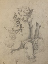 Très Beau Dessin Original XIXe Ange Putti Caducée Angelot Art crayon Ancien
