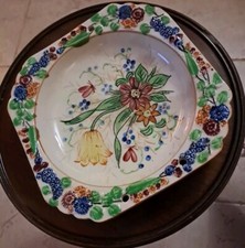 ancienne Assiette Style Barbotine Sur Bord Fleuri Céramique carré rare art décor