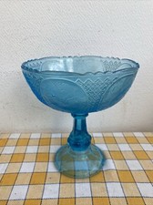 Ancienne Coupe A Fruit A Pied Verre Bleu Decor Florale Deco Table Rétro 