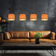 Lampe Salle à Manger Suspension Luminaire Optique Bois Grille Noir 4 Flammes E27