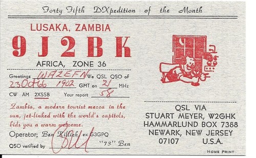 Qsl 1966 zambie - 1966, w2ghk