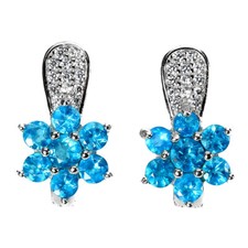 925 Argent Sterling Boucles Rond Bleu Apatite Naturel Pierre Précieuse Bijou