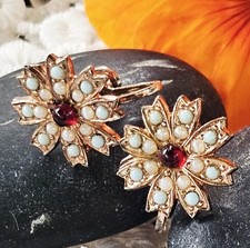 Boucles Oreilles Fleurs Vintage  À Vis En Vermeil Sterling Perles Grenats 15mm