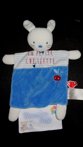 Doudou plat lapin blanc bleu - plat,