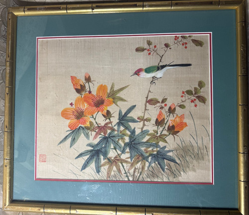 Asian bird among flowers - "asian,