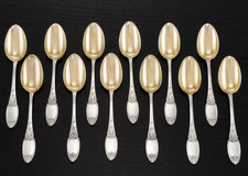 RAVINET : 12 Cuillères Dessert Thé Argent massif Vermeil Art Nouveau MARRONNIER