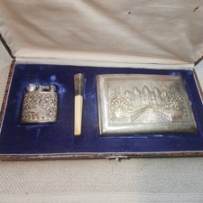 Coffret  Écrin Étui & Porte Cigarette Argent Poinçon 900  Briquet  Motif Indien