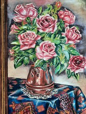 VASE BOUQUET FLEURS Botanique PEINTURE 54x36cm XX°