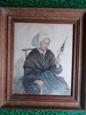 BRETAGNE CHATEAULIN  très grande aquarelle femme filant quenouille coiffe cadre