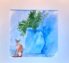 Peinture Aquarelle originale " Bleu Du Maroc " signée Madeleine CB