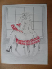 DESSIN ORIGINAL EROTIQUE FEMININ   24x32 cm FEMME RONDE EROTIC NUDE DRAWING