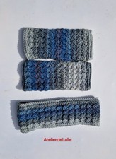 Bandeau et mitaines assorties fait main en laine dégradée de bleu