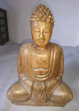 ANCIENNE GRANDE STATUETTE FIGURINE SCULPTURE BOUDDHA ASSIS LOTUS THAILANDE bois,