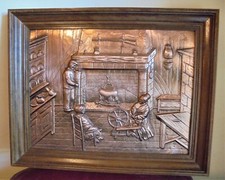 TABLEAU CADRE BOIS PLAQUE EN CUIVRE REPOUSSE VINTAGE INTERIEUR FLAMAND