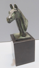 -TETE de CHEVAL REGULE PATINE VERTE SUR SOCLE MARBRE NOIR PRESSE PAPIER déco   D