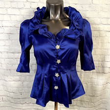 Blouse Vintage Chetta B Femme Taille 2 Bleu Taffetas Volants Manches 3/4 Fête