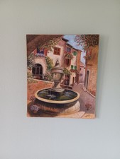 Peinture sur toile de lin , superbe fontaine dans village méridional