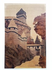 Tableau Marqueterie Alsace Chateau Koenigsbourg Cadre Signé Hoellinger début 20e