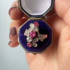 Antique Victorian Era 18K Gold Ring with Pink Sapphires & Rose Cut Diamonds