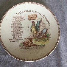 Ancienne Assiette Barbotine Georges Dreyfus Moret Sur Loing Le Cochet Le Chat 
