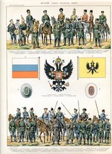 RUSSIA, flags, army, uniforms, coat of arms.. lithograph..Larousse 1897