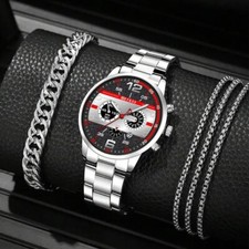 Ensemble 3 pcs Montre luxe Homme sport élégante Date Métal Argent + gourmette et