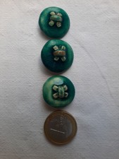 3 Boutons Anciens en Céramique  VERT BLEU DORE  STYLE LINE VAUTRIN 23 mm