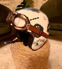 Casque moto Dexter Vintage Ride type jet, design rétro avec décoration noire sur