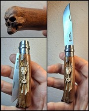 Couteau Sculpté  noyer  OPINEL  N°8  Piston en bronze Biker Motard Crâne Sculpté