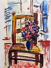 Beau tableau moderne bouquet de fleurs chaise paillée  Chauffeuse Tony Agostini