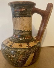 Ancienne Cruche Terre Cuite Peinte Décor Géométrique Décor Polychrome 