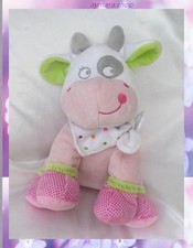 Doudou Peluche Vache Rose Blanche Foulard Blanc Pois Cocard Mots D'Enfants