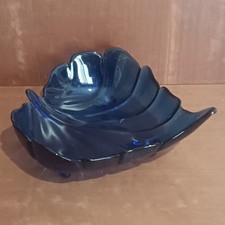Grande Coupelle En Verre Moulé Bleu Cobalt, Forme Feuille, 30cm,vintage