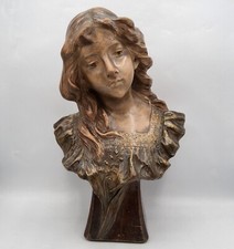 Sculpture buste en plâtre polychrome jeune femme signé Antonio Carli Art Nouveau