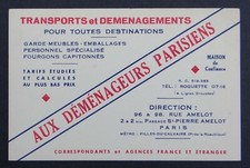 Carte de visite AUX DÉMÉNAGEURS PARISIENS rue Amelot Paris garde-meubles