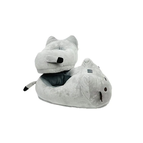Pantoufles peluche chat gris