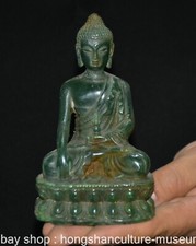 5.2" Rare Chinese Natural Green Jade Carving Shakyamuni Amitabha Buddha Statue