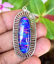 34.55 CT Bleu Feu Opale Ovale 925 Argent Beau Pendentif