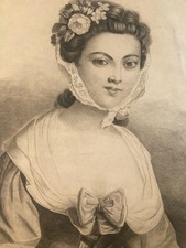 Très Beau Dessin Crayon Portrait Tête Buste Femme XIXe A Identifier Art Ancien