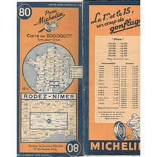 CARTE Michelin N°80  RODEZ-NÎMES Tarascon Albi Decazeville Mende Montélimar 1945