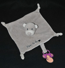 ? Doudou plat ours 3 SUISSES gris blanc Born to be attache tétine TBE