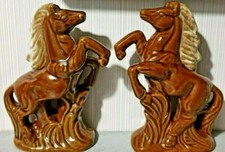Pair Of Antique French Majolica Horses Statues Figures