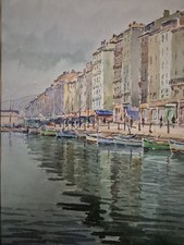 Romain Jouven (1874-1929) - Quais du Port Animés- Aquarelle Signée Provence