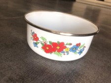 Petite casserole émaillée blanche vintage motifs fleurs