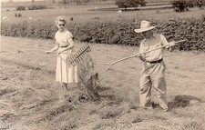 BK562 Carte Photo vintage card RPPC couple moisson paille rateau foin fourche