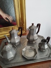 Plateau Étain de Paris+Service cafetière théière sucrier pot a lait. Art Déco 